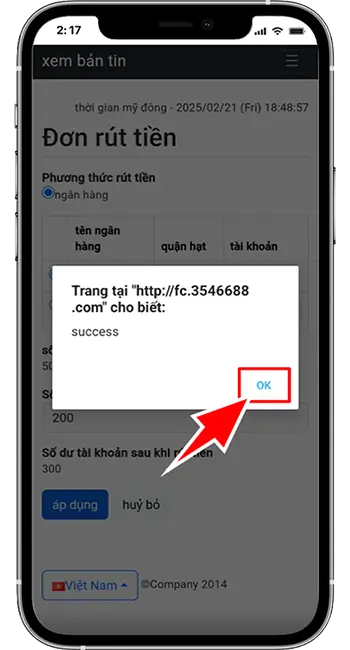 Bước 4: Lệnh rút thành công → OK. Vui lòng chờ hệ thống thanh toán sau ít phút.